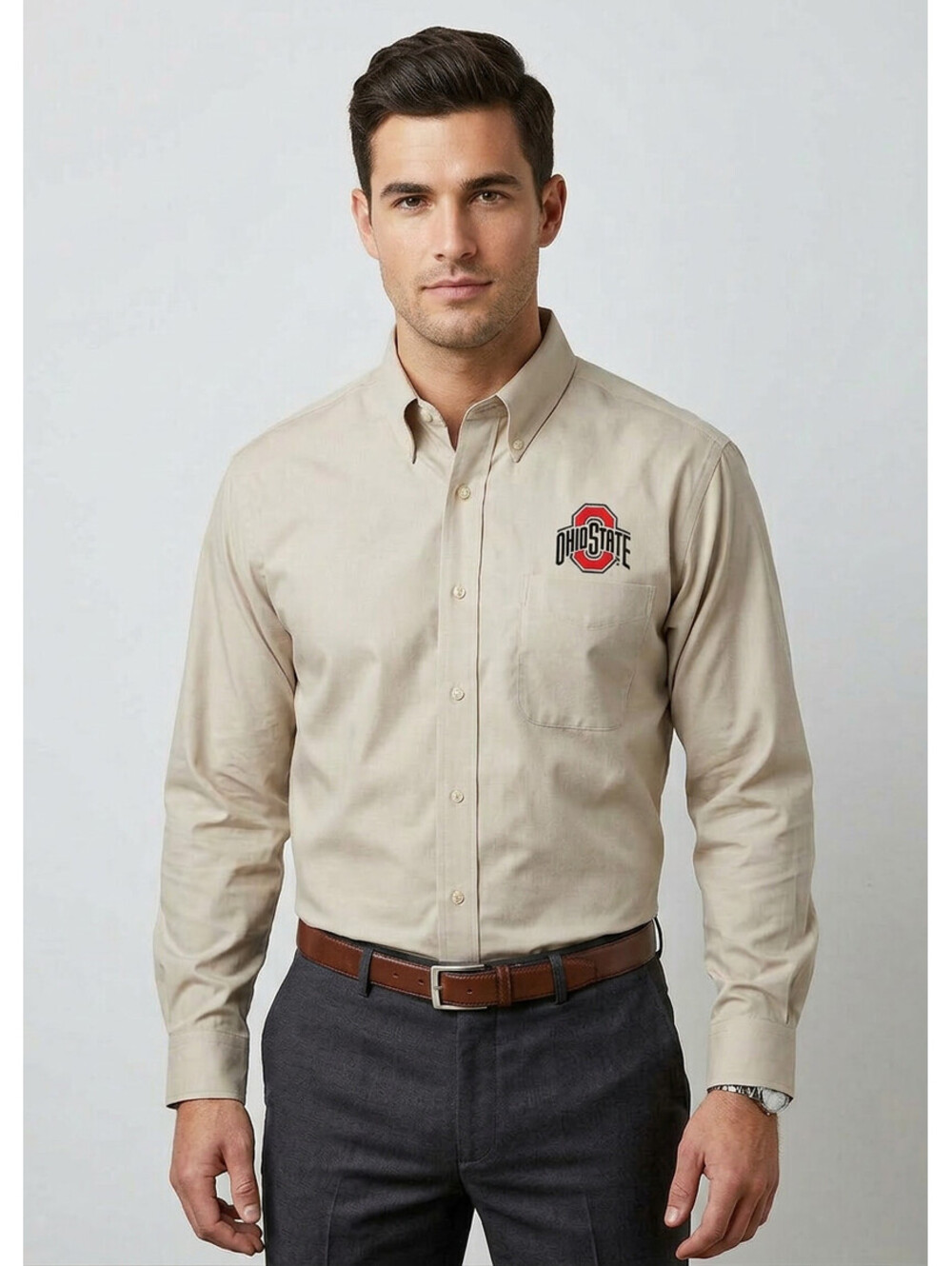 Ohio State Buckeyes Mens Size 17.5 Enro Button-Up Twill Grey
